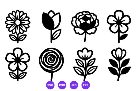Black White Simple Floral Vector Icons