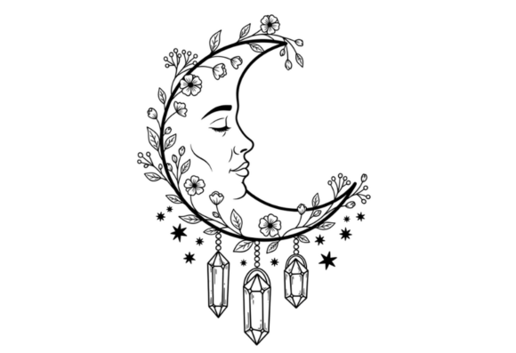 Celestial Moon Face Floral Crystal PNG