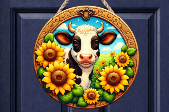 Cute Cow Sunflower Floral Door Sign