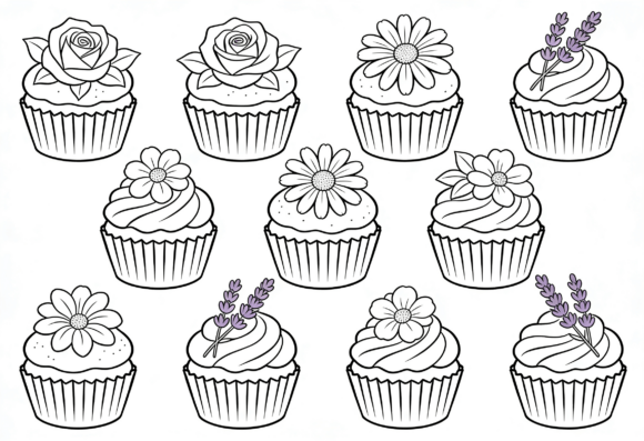 Floral Cupcake Clipart Line Art Digital