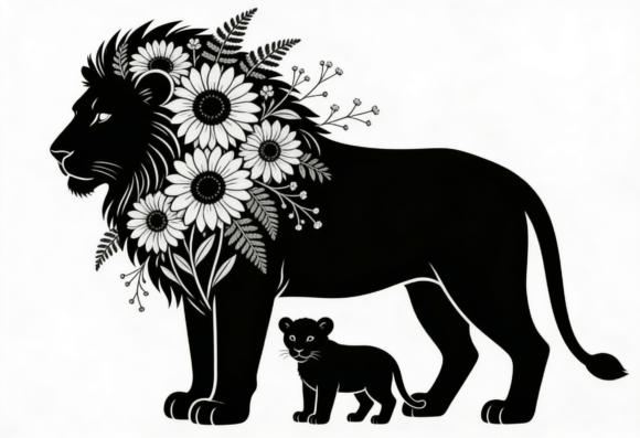 Floral Lion and Cub Silhouette Art