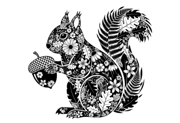 Floral Squirrel Holding Acorn Black and