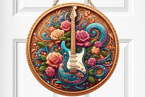 Guitar Floral Rose Music Art Door Sign