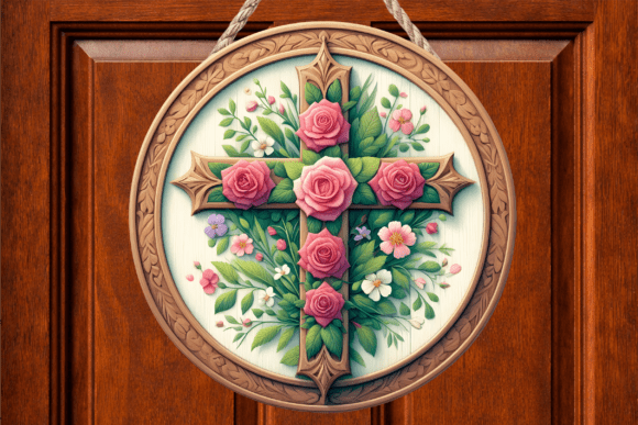 Pink Rose Floral Cross Wood Door Sign
